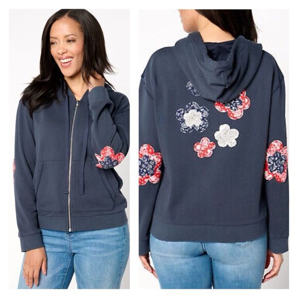 DRIFTWOOD Jackets & Blazers - Driftwood Womens Knit Full Zip Hoodie Size XL Americana Patchwork Embroidered